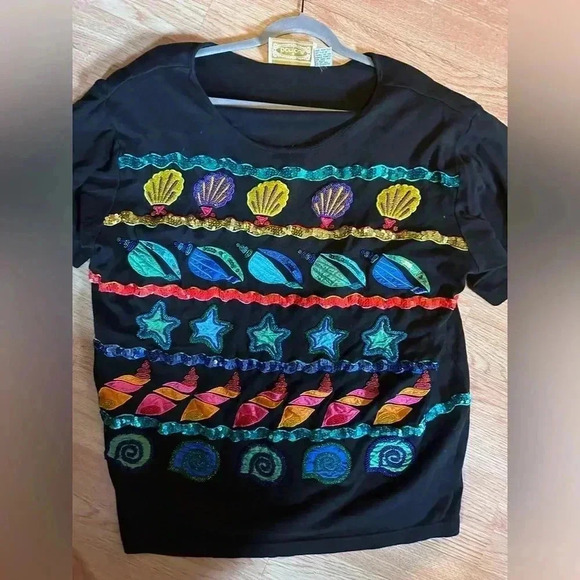 Vintage Sparkle Glitter Ocean‎ Bonjour Blouse Size Large - Picture 1 of 8